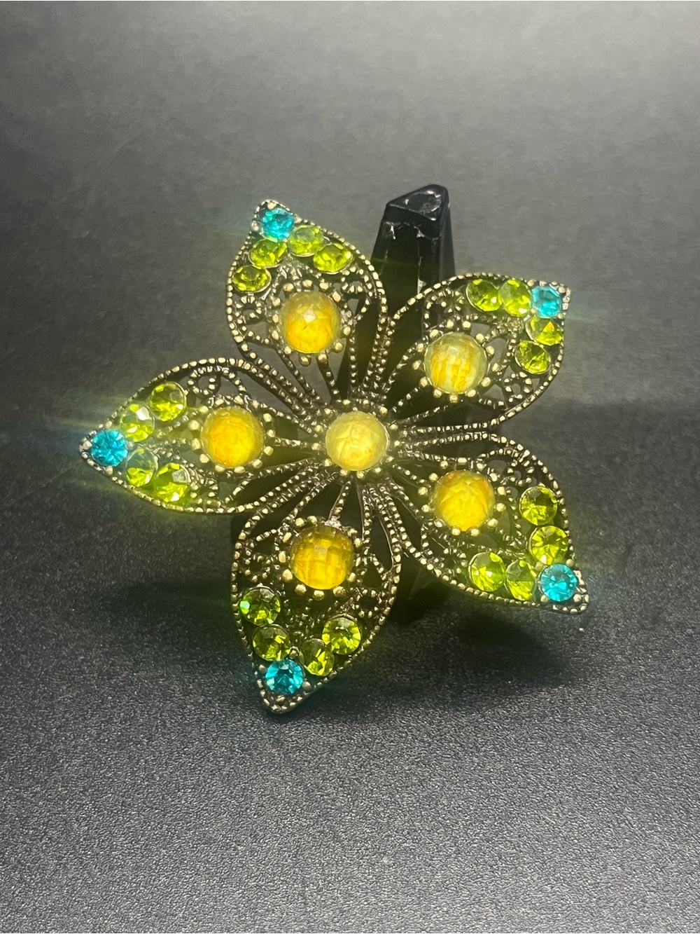 Vintage Rhinestone Flower Brooch Green Blue UV Reactive Stones